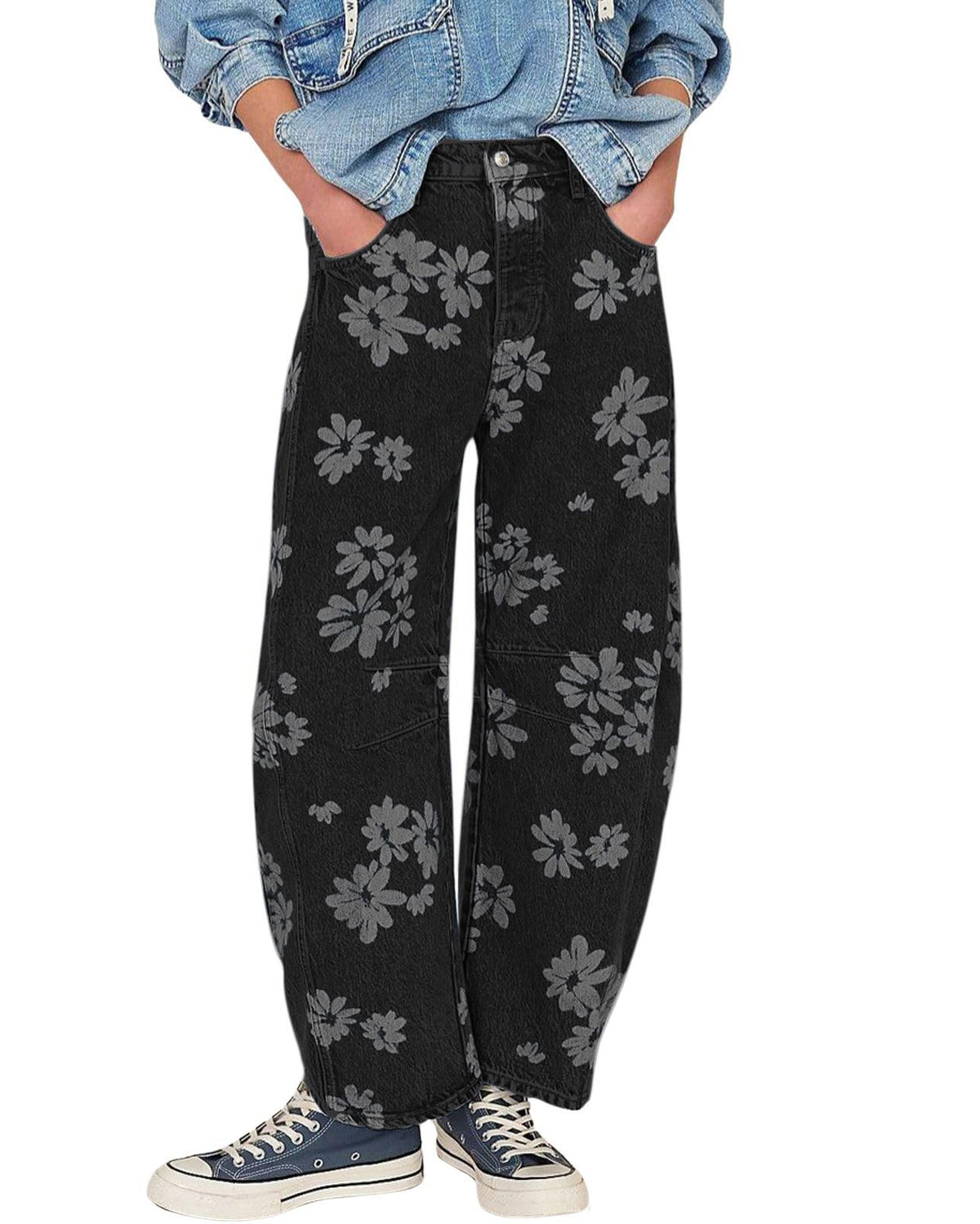 Chouyatou Women Y2k Distressed Barrel Jeans Baggy Wide Leg Jeans Floral Printed Boyfriend Patchwork Denim Pants