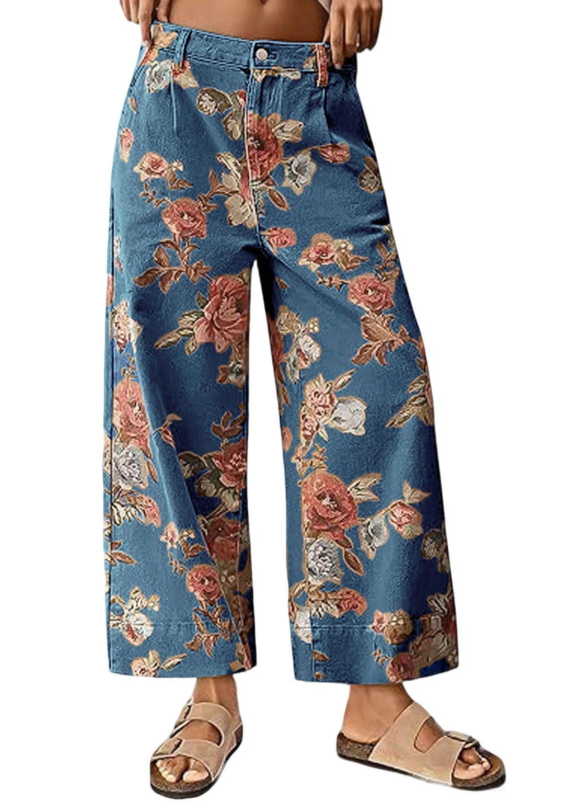 Chouyatou Women Mid Rise Cropped Wide Leg Jeans Baggy Floral Ankle Pants Denim Capris Flare Print Boho Palazzo Jeans Boyfriend