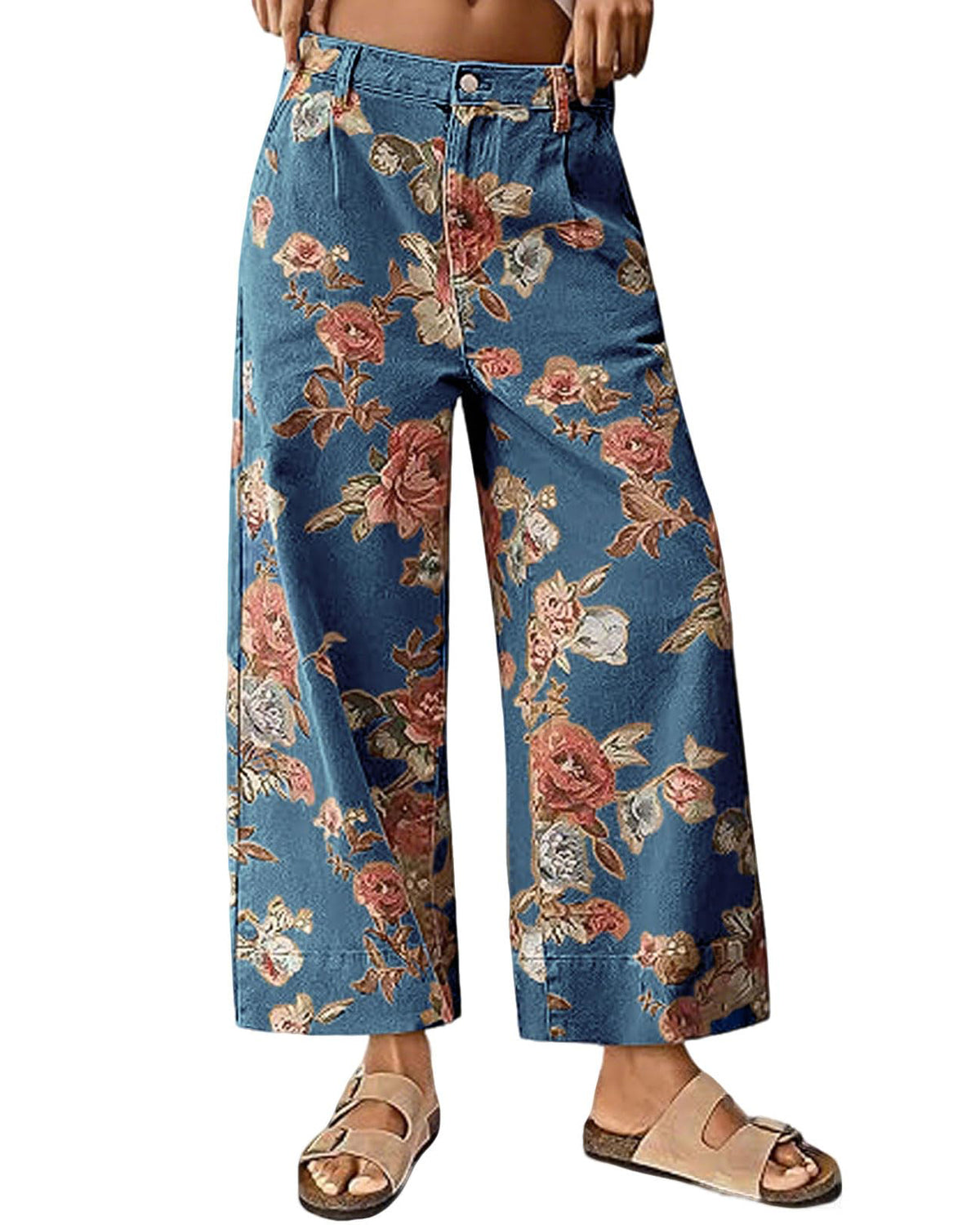 Chouyatou Women Mid Rise Cropped Wide Leg Jeans Baggy Floral Ankle Pants Denim Capris Flare Print Boho Palazzo Jeans Boyfriend