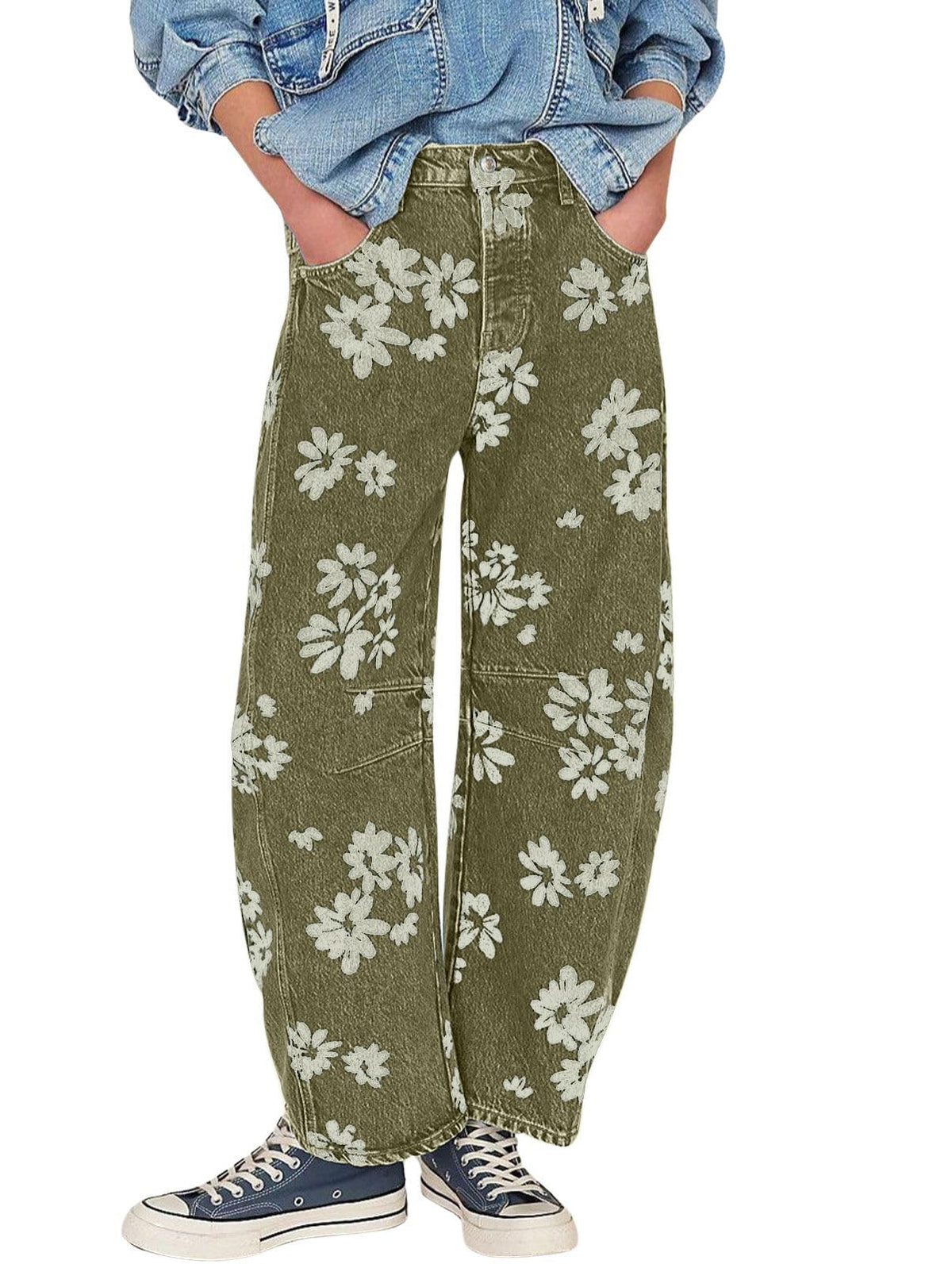 Chouyatou Women Y2k Distressed Barrel Jeans Baggy Wide Leg Jeans Floral Printed Boyfriend Patchwork Denim Pants