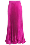 Chouyatou Women's Boho Satin Metallic Pleated Accordion Skirts Elastic High Waist Flowy A Line Shirring Maxi Long Skirt