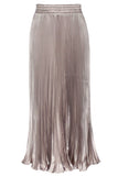 Chouyatou Women's Boho Satin Metallic Pleated Accordion Skirts Elastic High Waist Flowy A Line Shirring Maxi Long Skirt