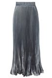 Chouyatou Women's Boho Satin Metallic Pleated Accordion Skirts Elastic High Waist Flowy A Line Shirring Maxi Long Skirt