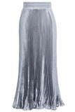 Chouyatou Women's Boho Satin Metallic Pleated Accordion Skirts Elastic High Waist Flowy A Line Shirring Maxi Long Skirt