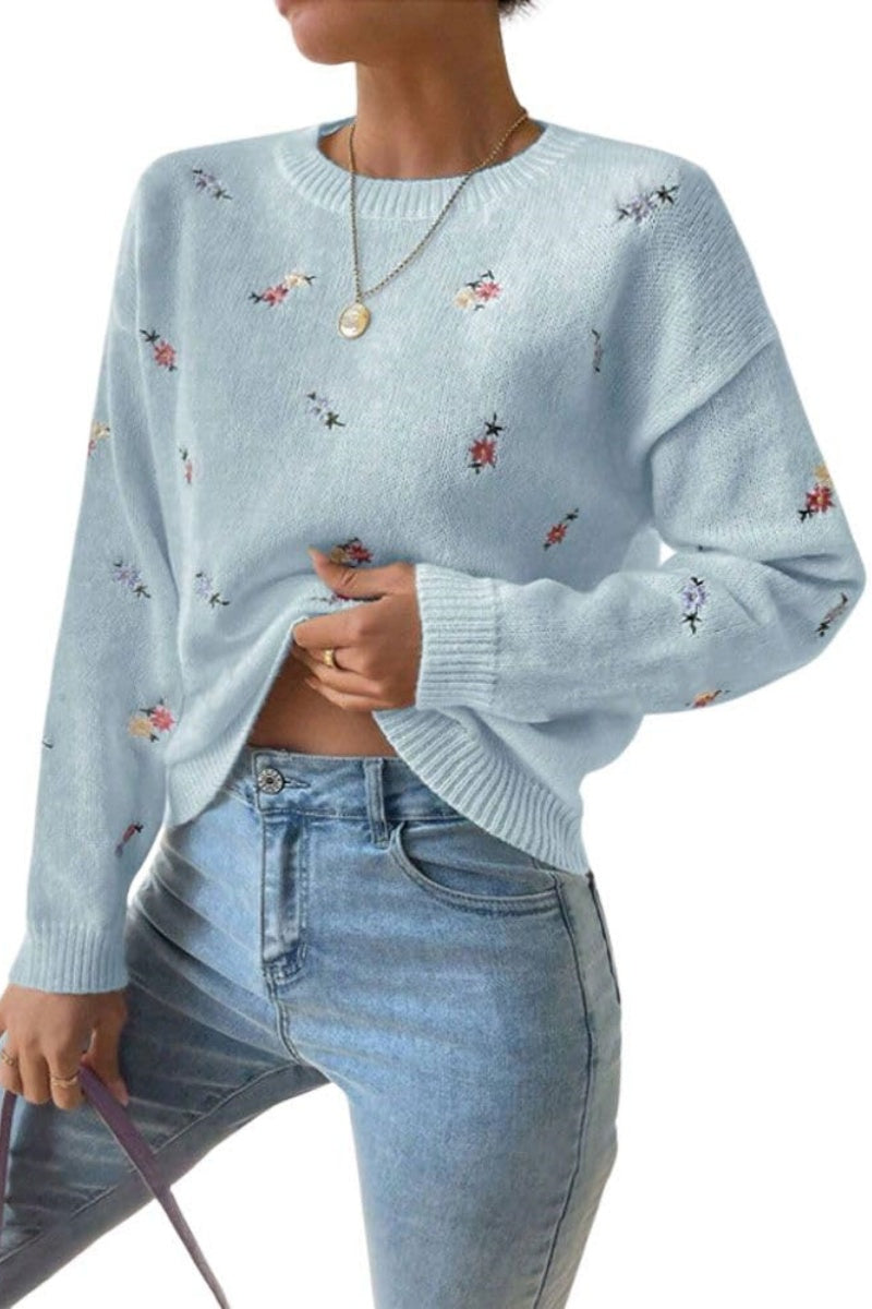 Chouyatou Women's Ditsy Floral Embroidered Pullover Sweater Color Block Loose Fit Knit Jumper Tops