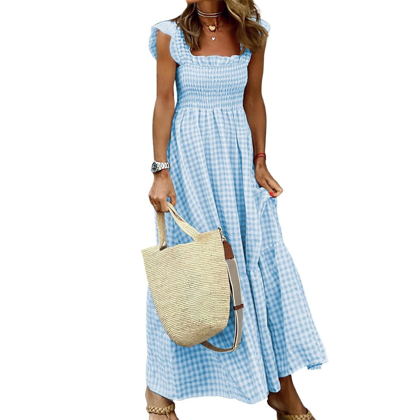 blue plaid spaghetti strap dress 2PS White Floral Print Spaghetti Strap Dress With Blue Shawl Dress Suit Jolly Vintage