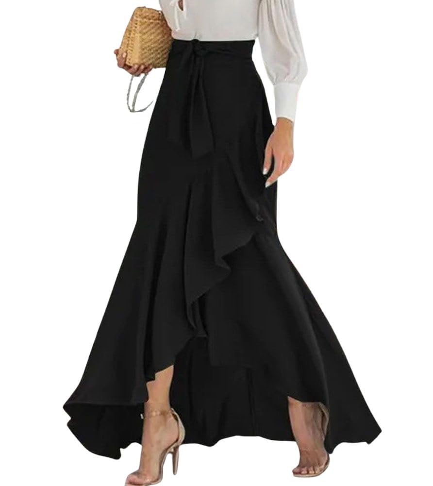 Chouyatou Women's Casual Plaid Mermaid Maxi Skirt A Line Irregular Ruffle Hem Fishtail Long Skirt