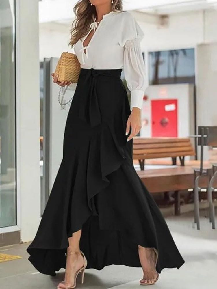 Chouyatou Women's Casual Plaid Mermaid Maxi Skirt A Line Irregular Ruffle Hem Fishtail Long Skirt