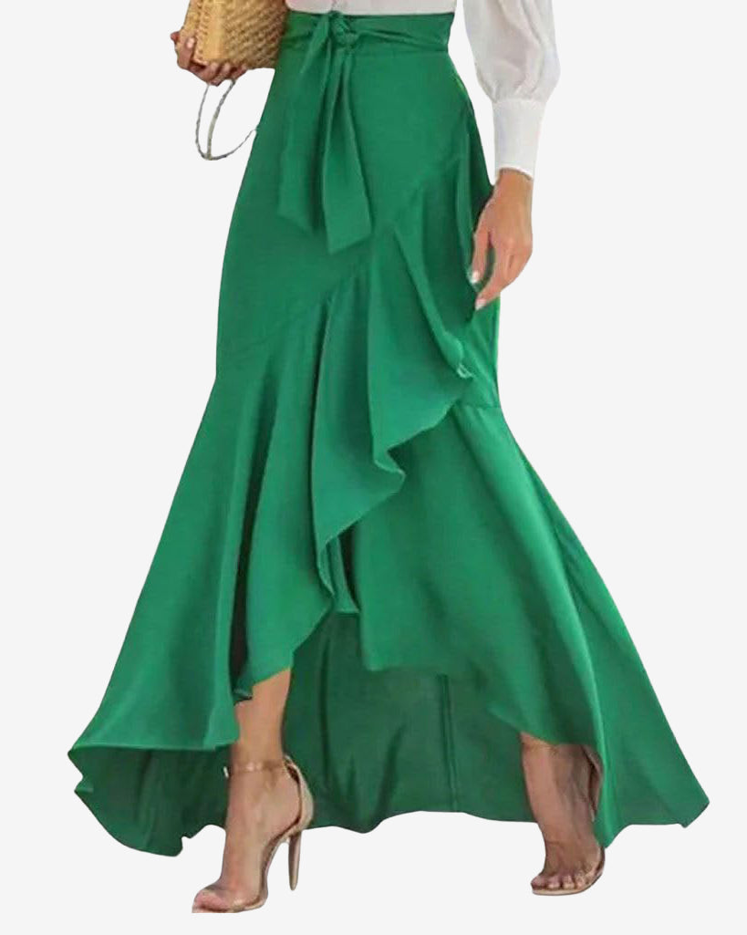 Chouyatou Women's Casual Plaid Mermaid Maxi Skirt A Line Irregular Ruffle Hem Fishtail Long Skirt