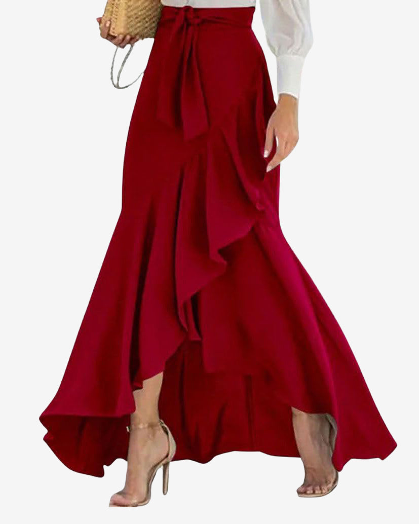 Chouyatou Women's Casual Plaid Mermaid Maxi Skirt A Line Irregular Ruffle Hem Fishtail Long Skirt