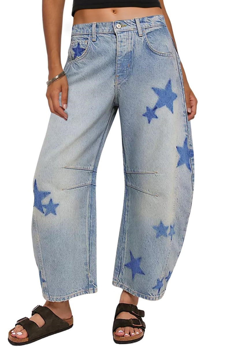 Chouyatou Y2k Barrel Jeans Women Wide Leg Jeans Baggy Distressed Printed Boyfriend Horseshoe Jeans Denim Pants