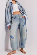 Chouyatou Y2k Barrel Jeans Women Wide Leg Jeans Baggy Distressed Printed Boyfriend Horseshoe Jeans Denim Pants