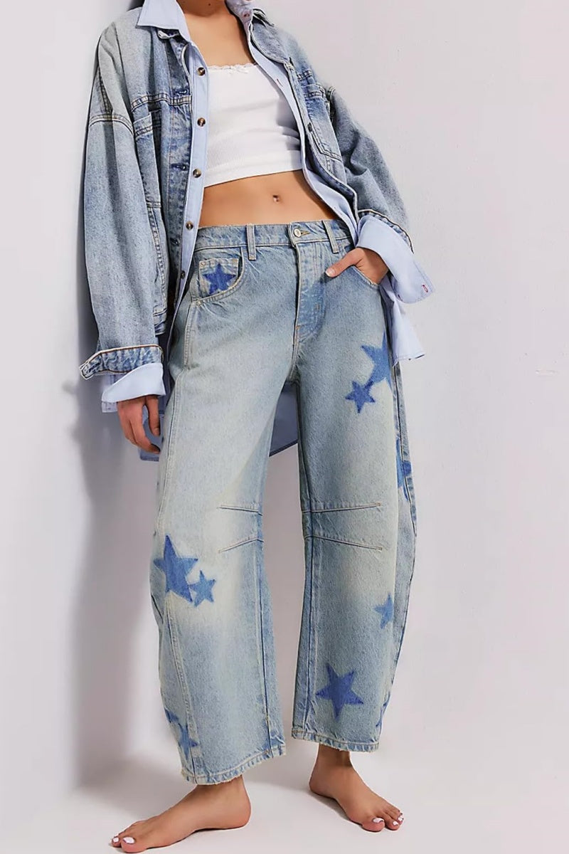 Chouyatou Y2k Barrel Jeans Women Wide Leg Jeans Baggy Distressed Printed Boyfriend Horseshoe Jeans Denim Pants