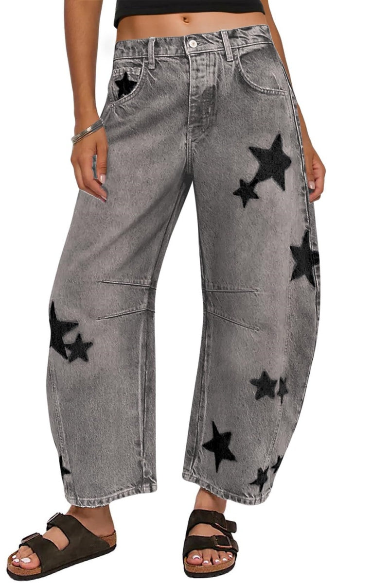 Chouyatou Y2k Barrel Jeans Women Wide Leg Jeans Baggy Distressed Printed Boyfriend Horseshoe Jeans Denim Pants