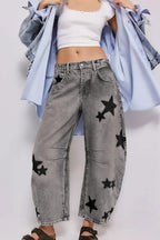 Chouyatou Y2k Barrel Jeans Women Wide Leg Jeans Baggy Distressed Printed Boyfriend Horseshoe Jeans Denim Pants