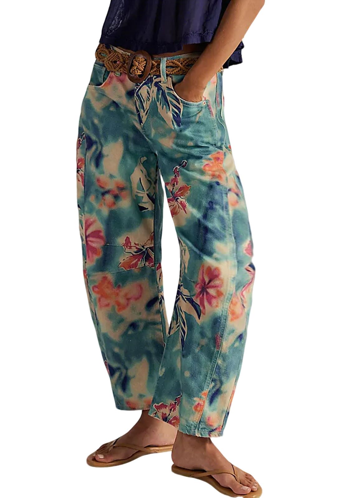 Chouyatou Women Boyfriend Baggy Barrel Jeans Floral Print Denim Ankle Pants Wide Leg Mid Rise Jeans Sweatpants Y2k Patchwork