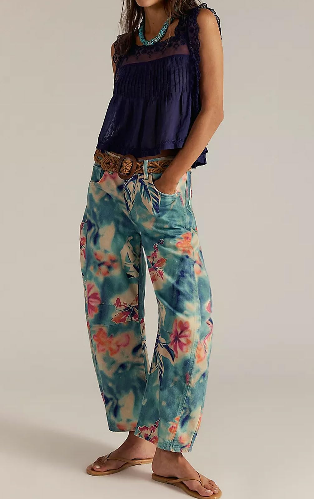 Chouyatou Women Boyfriend Baggy Barrel Jeans Floral Print Denim Ankle Pants Wide Leg Mid Rise Jeans Sweatpants Y2k Patchwork