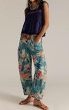 chouyatou Women Boyfriend Baggy Barrel Jeans Floral Print Denim Ankle Pants Wide Leg Mid Rise Jeans Sweatpants Y2k Patchwork