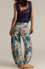 Chouyatou Women Boyfriend Baggy Barrel Jeans Floral Print Denim Ankle Pants Wide Leg Mid Rise Jeans Sweatpants Y2k Patchwork