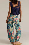chouyatou Women Boyfriend Baggy Barrel Jeans Floral Print Denim Ankle Pants Wide Leg Mid Rise Jeans Sweatpants Y2k Patchwork