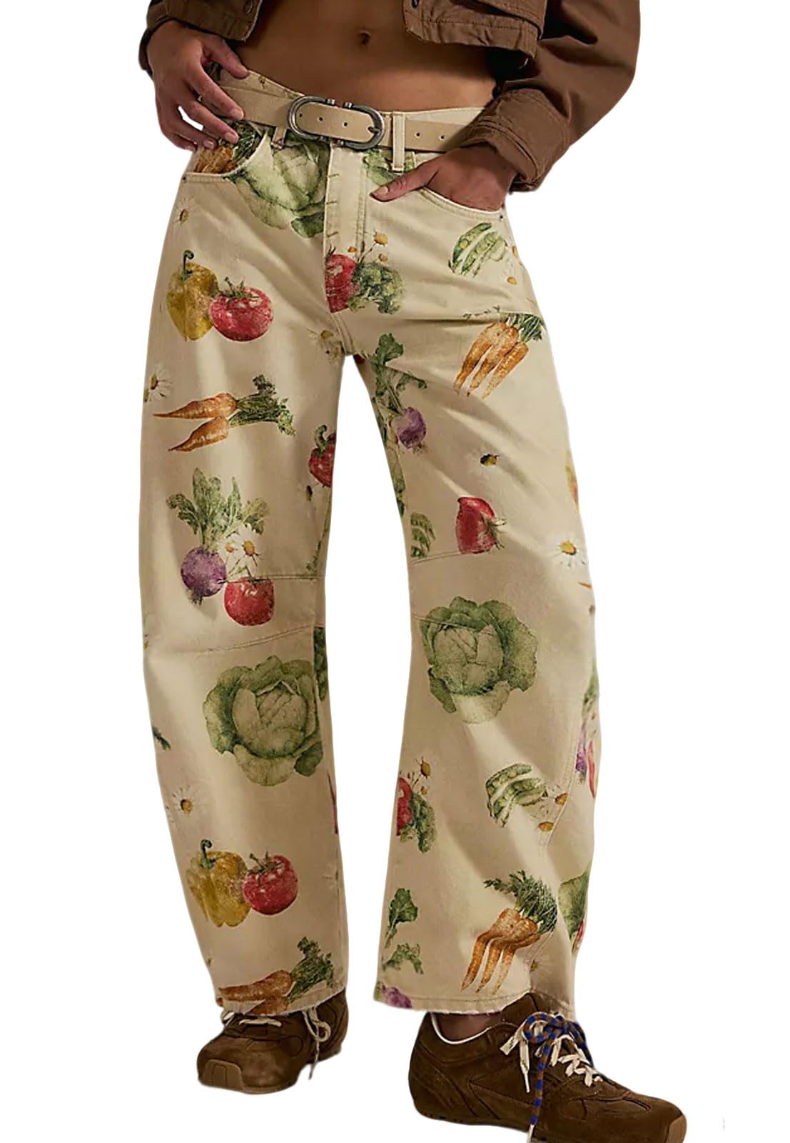Chouyatou Women Boyfriend Baggy Barrel Jeans Floral Print Denim Ankle Pants Wide Leg Mid Rise Jeans Sweatpants Y2k Patchwork