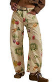 chouyatou Women Boyfriend Baggy Barrel Jeans Floral Print Denim Ankle Pants Wide Leg Mid Rise Jeans Sweatpants Y2k Patchwork
