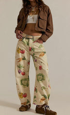 Chouyatou Women Boyfriend Baggy Barrel Jeans Floral Print Denim Ankle Pants Wide Leg Mid Rise Jeans Sweatpants Y2k Patchwork