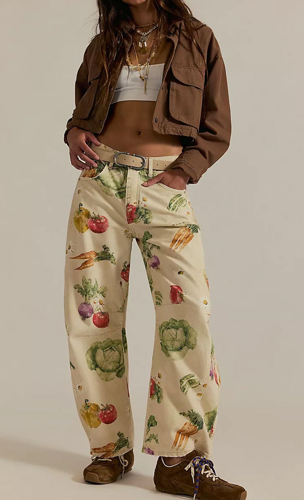 Chouyatou Women Boyfriend Baggy Barrel Jeans Floral Print Denim Ankle Pants Wide Leg Mid Rise Jeans Sweatpants Y2k Patchwork