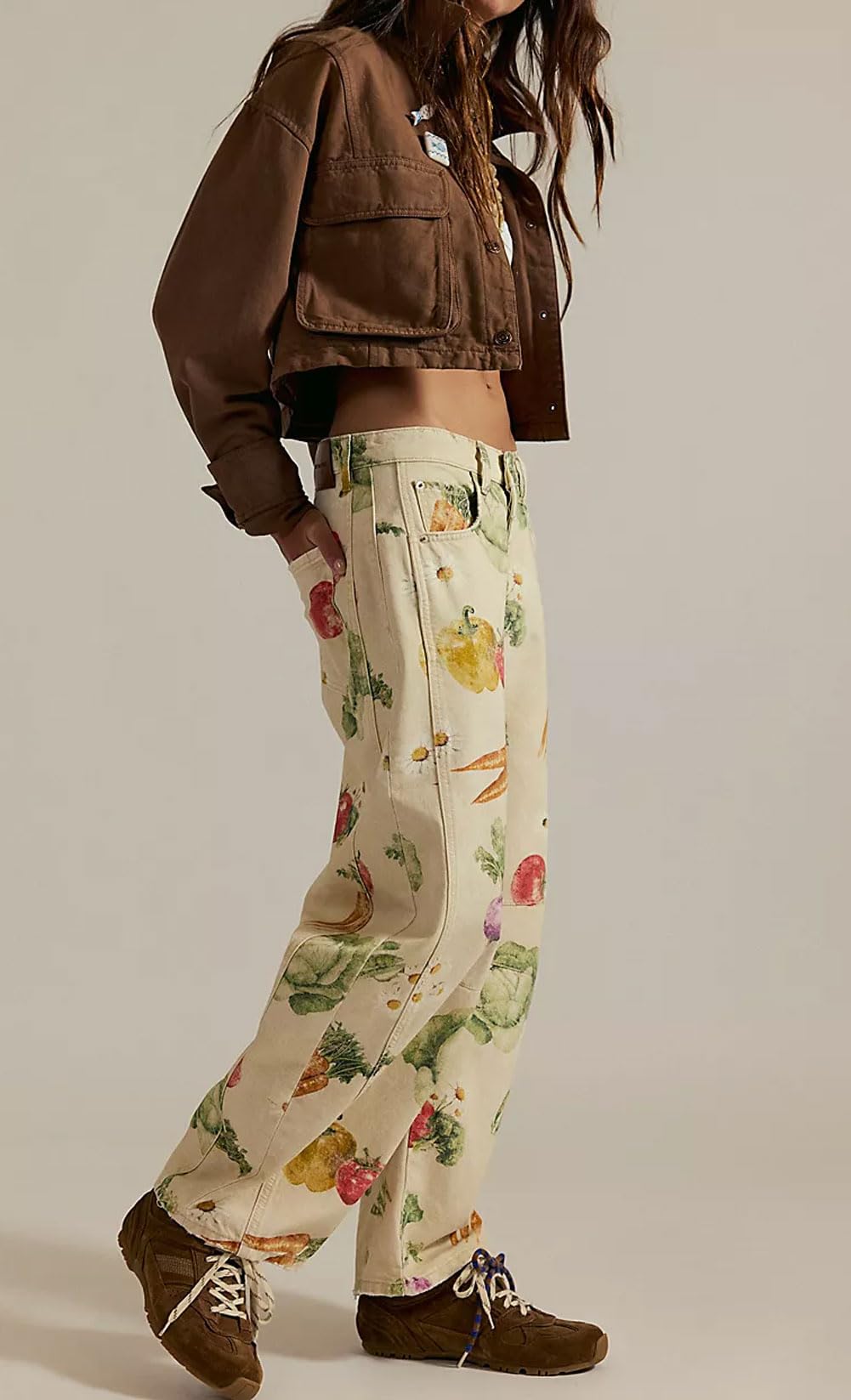 Chouyatou Women Boyfriend Baggy Barrel Jeans Floral Print Denim Ankle Pants Wide Leg Mid Rise Jeans Sweatpants Y2k Patchwork