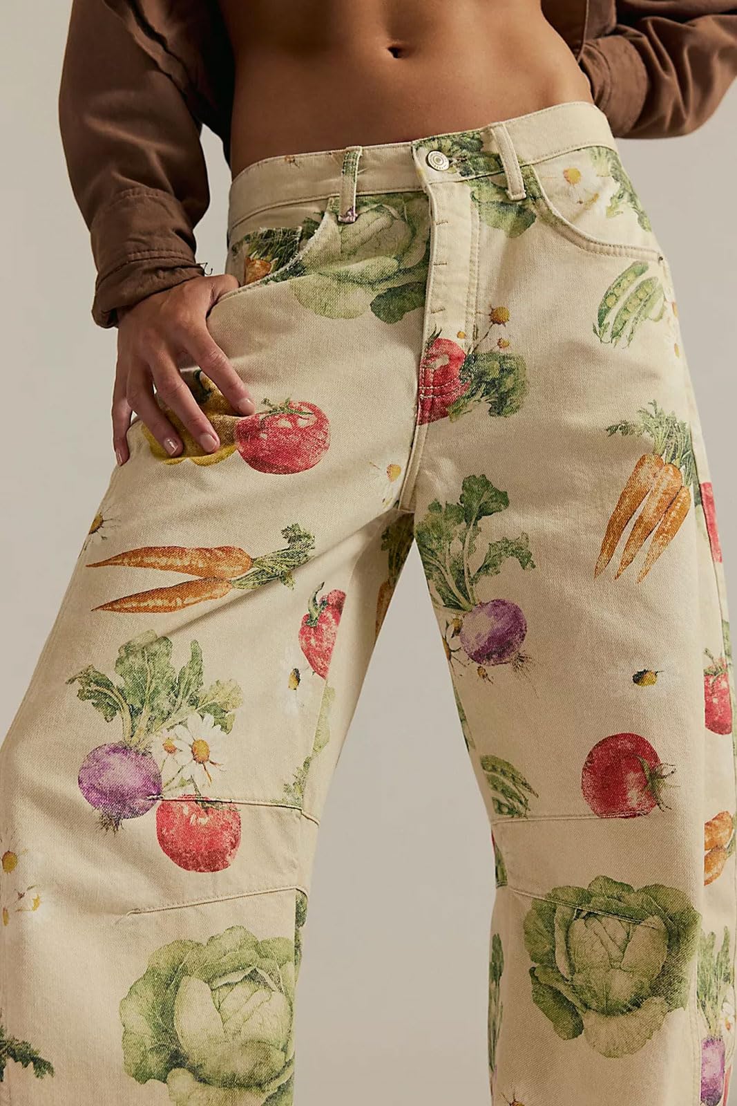 Chouyatou Women Boyfriend Baggy Barrel Jeans Floral Print Denim Ankle Pants Wide Leg Mid Rise Jeans Sweatpants Y2k Patchwork