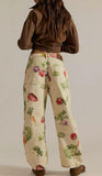 chouyatou Women Boyfriend Baggy Barrel Jeans Floral Print Denim Ankle Pants Wide Leg Mid Rise Jeans Sweatpants Y2k Patchwork