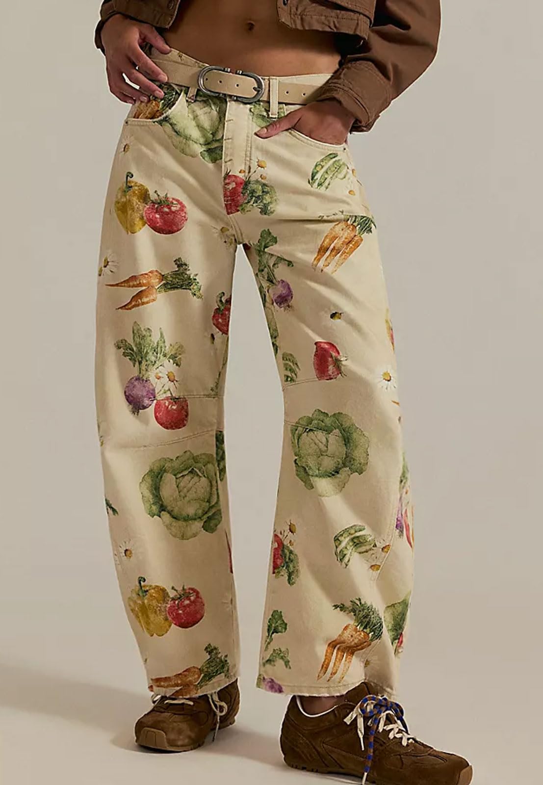 Chouyatou Women Boyfriend Baggy Barrel Jeans Floral Print Denim Ankle Pants Wide Leg Mid Rise Jeans Sweatpants Y2k Patchwork