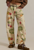 chouyatou Women Boyfriend Baggy Barrel Jeans Floral Print Denim Ankle Pants Wide Leg Mid Rise Jeans Sweatpants Y2k Patchwork