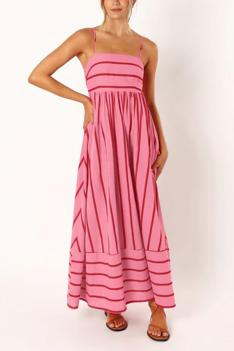 Chouyatou Women's Striped Back Smocked Maxi Dress Sexy Spaghetti Strap Cut Out Flowy Swing Long Dress