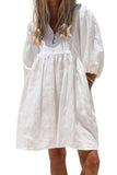 Chouyatou Women's Summer Puff Sleeve Cotton Tunic Dress V-Neck Mini Vacation Babydoll Dress