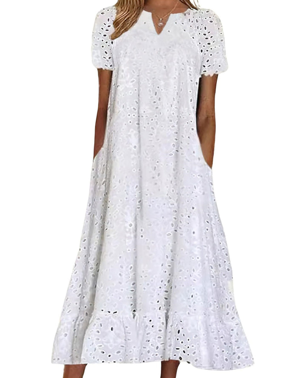 Chouyatou Women Summer Ruffle Hem Floral Lace Eyelet Dress Casual Notch Neck Midi Tunic Dress with Pocket