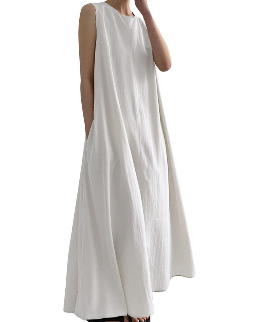 Chouyatou Women Casual Cotton Linen Sleeveless Maxi Dress Ruffle Shift Dress Flowy Beach Summer Long Tank Dress