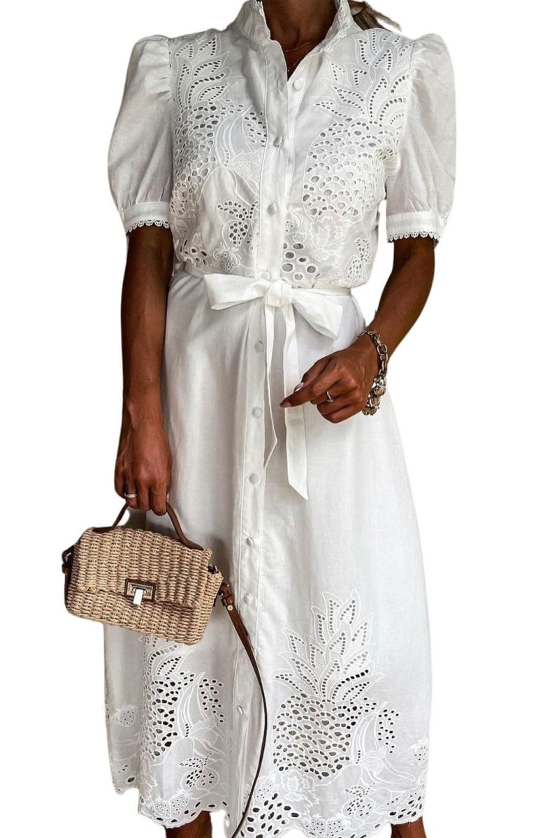 Chouyatou Women's Embroidered Eyelet Shirt Dresses Belted Puff Sleeve Button Down Swing Boho Cotton Maxi Shirt Dress