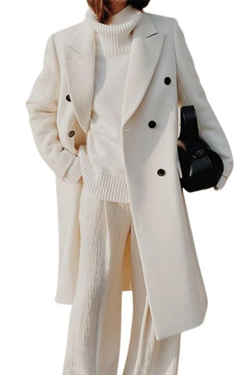 Chouyatou Women's Double Breasted Wool Coat Notched Lapel Collar Winter Pea Coat Overcoat Long Jackets