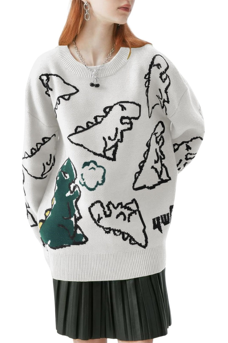 Chouyatou Women's Dinosaur Graphic Sweaters Cartoon Kwaii Knit Crewneck Long Sleeve Oversized Pullover Jumpers