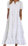 Chouyatou Women Summer Ruffle Hem Floral Lace Eyelet Dress Casual Notch Neck Midi Tunic Dress with Pocket