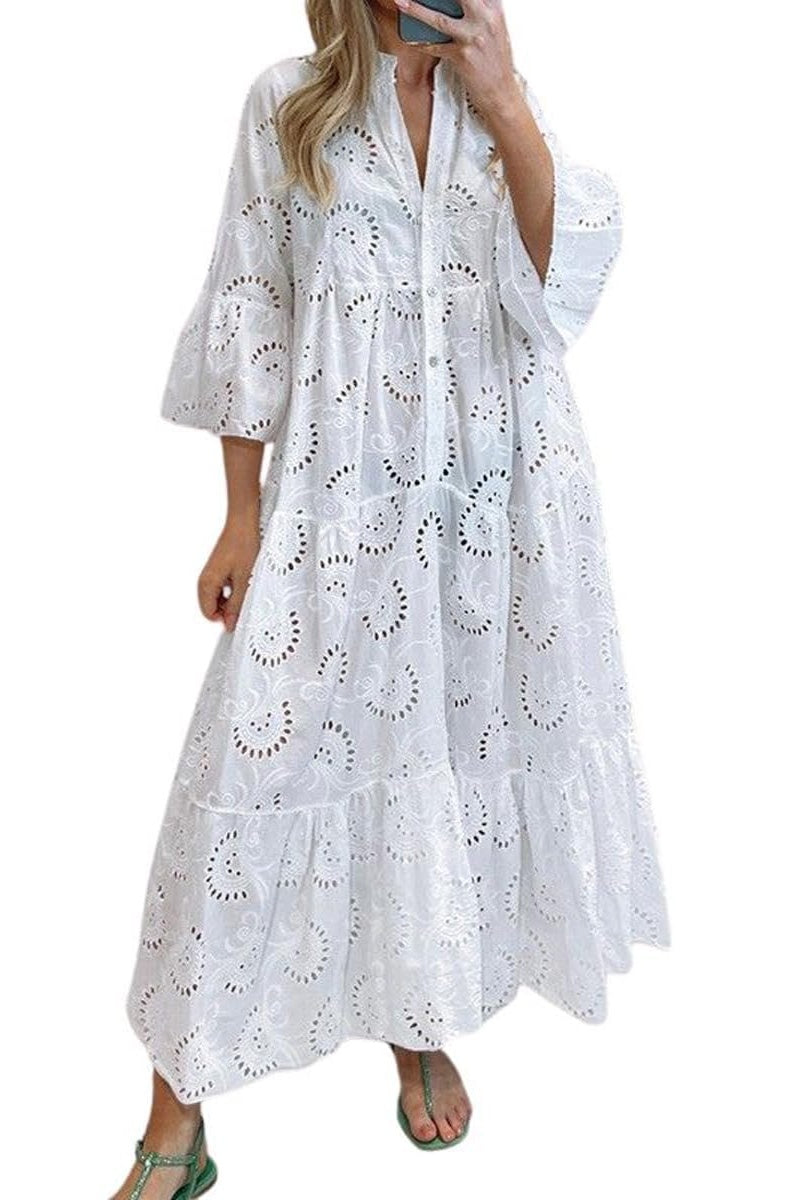 Chouyatou Women's Lace Eyelet Embroidery Maxi Dress V-Neck Trumpet Sleeve Boho Flowy Swing Dress
