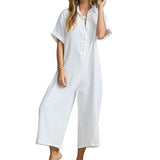 Chouyatou Womens Casual Button Down Rolled-Up Sleeve Jumpsuit Pants Summer Wide Leg Overall Rompers