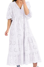 Chouyatou Women's Summer Loose Floral Lace Eyelet Dress Boho Casual Notch Neck Maxi Tunic Beach Dress