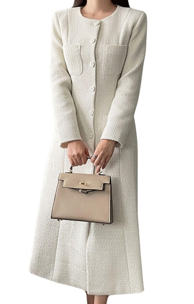 Chouyatou Women Tweed Dress Long Sleeve Single Breast Elegant Lady Lon CHOUYATOU Chouyatou Women Tweed Dress Long Sleeve Single Breast Elegant Lady Lon CHOUYATOU
