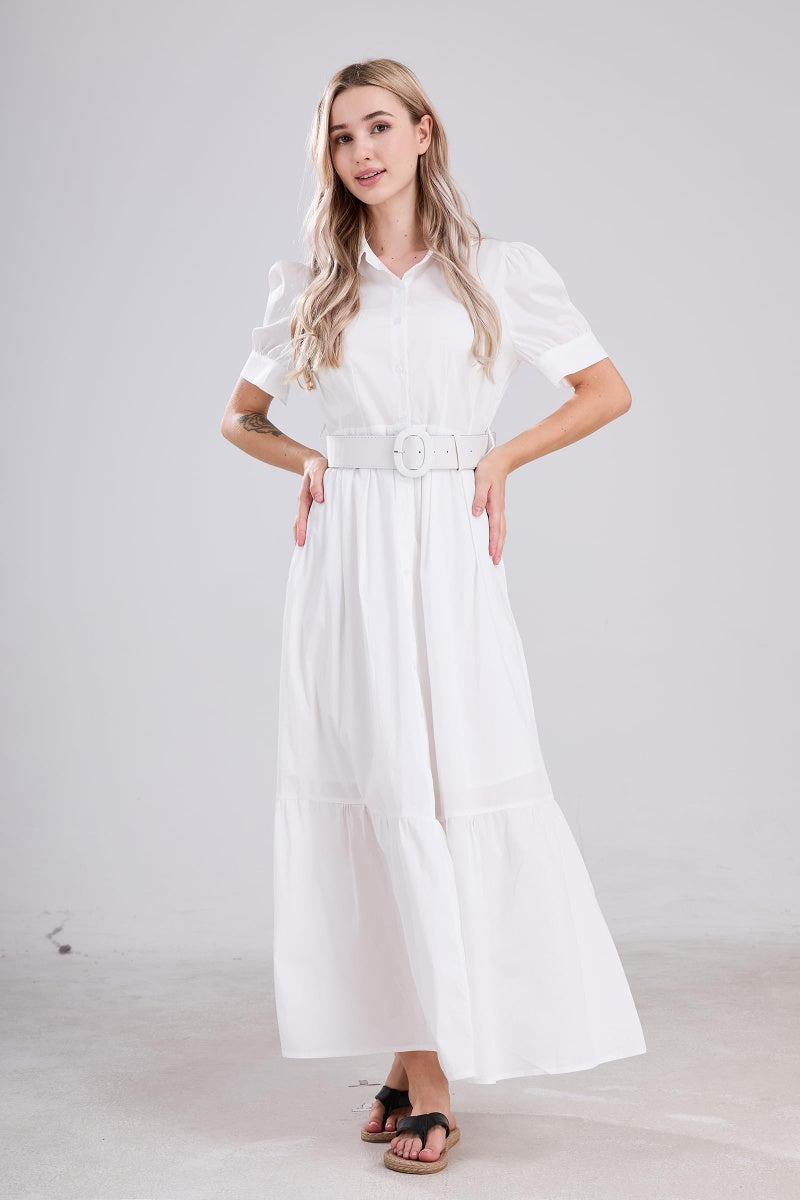 white short sleeve button down dress 100% Cotton White Button Front Mini Dress - All Dresses