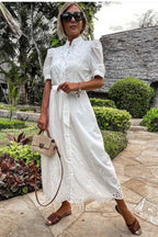 Chouyatou Women's Embroidered Eyelet Shirt Dresses Belted Puff Sleeve Button Down Swing Boho Cotton Maxi Shirt Dress
