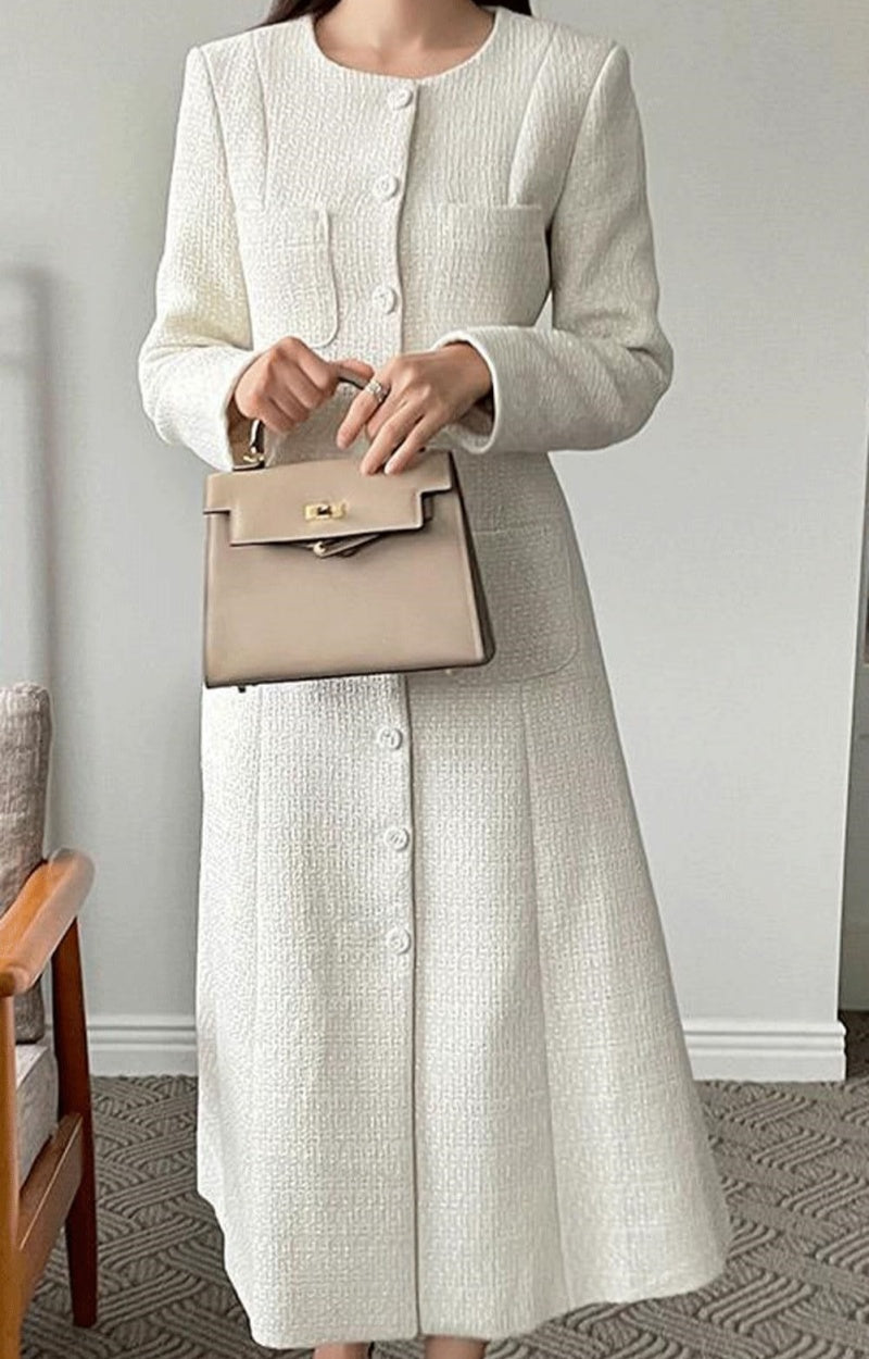 Chouyatou Women Tweed Dress Long Sleeve Single Breast Elegant Lady Long Tweed Blazer Dress