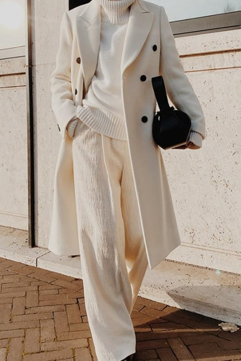 Chouyatou Women's Double Breasted Wool Coat Notched Lapel Collar Winter Pea Coat Overcoat Long Jackets