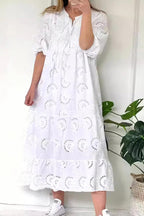 Chouyatou Women's Summer Loose Floral Lace Eyelet Dress Boho Casual Notch Neck Maxi Tunic Beach Dress